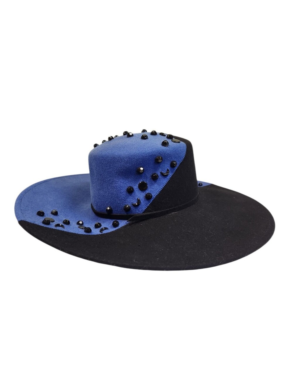 Adolfo II Women's Wool Felt Black Blue Wide Brim Hat Moon and Star Embellishment